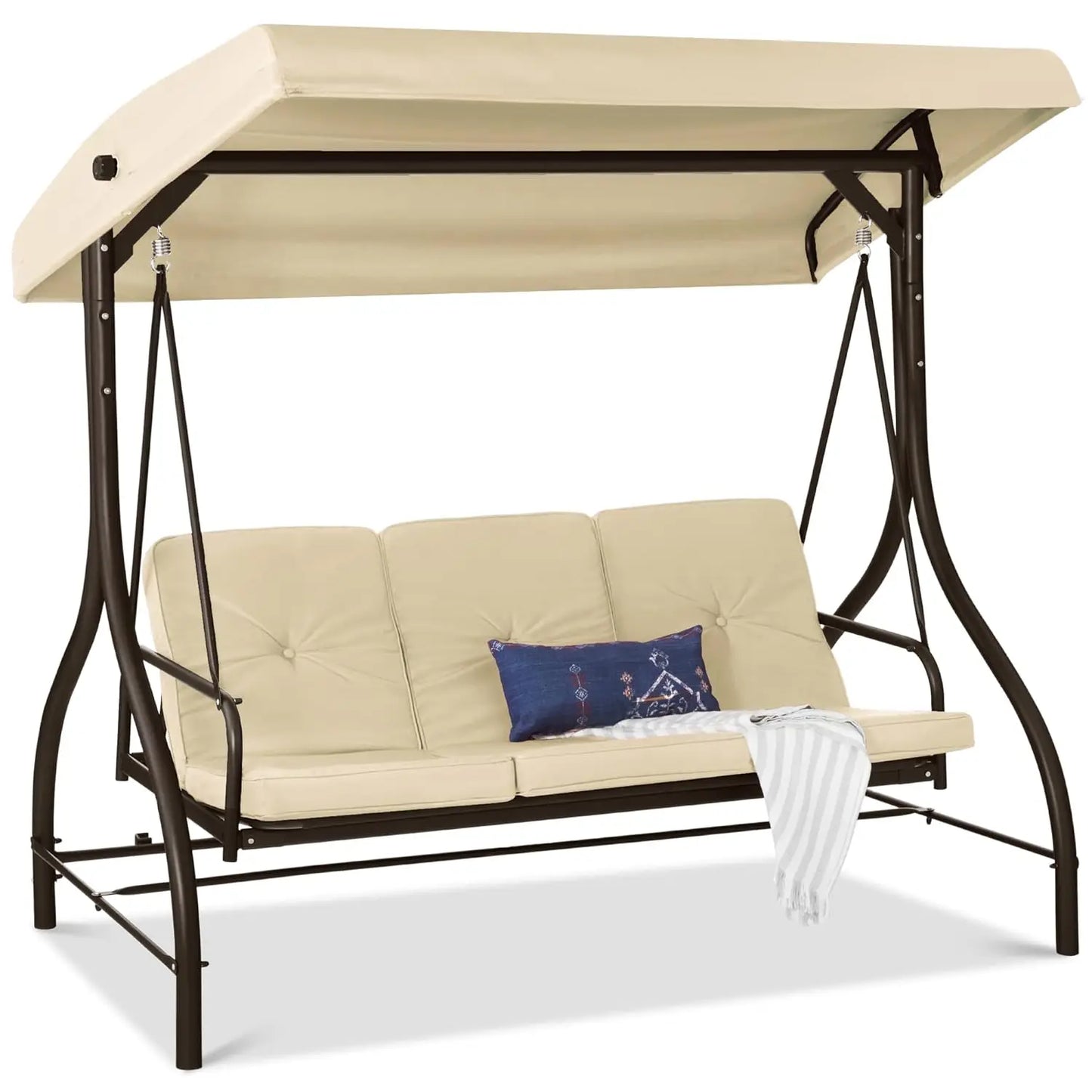 3-Seat Outdoor Large Converting Canopy Swing Glider, Patio Hammock Lounge Chair, Backyard w/Flatbed,,