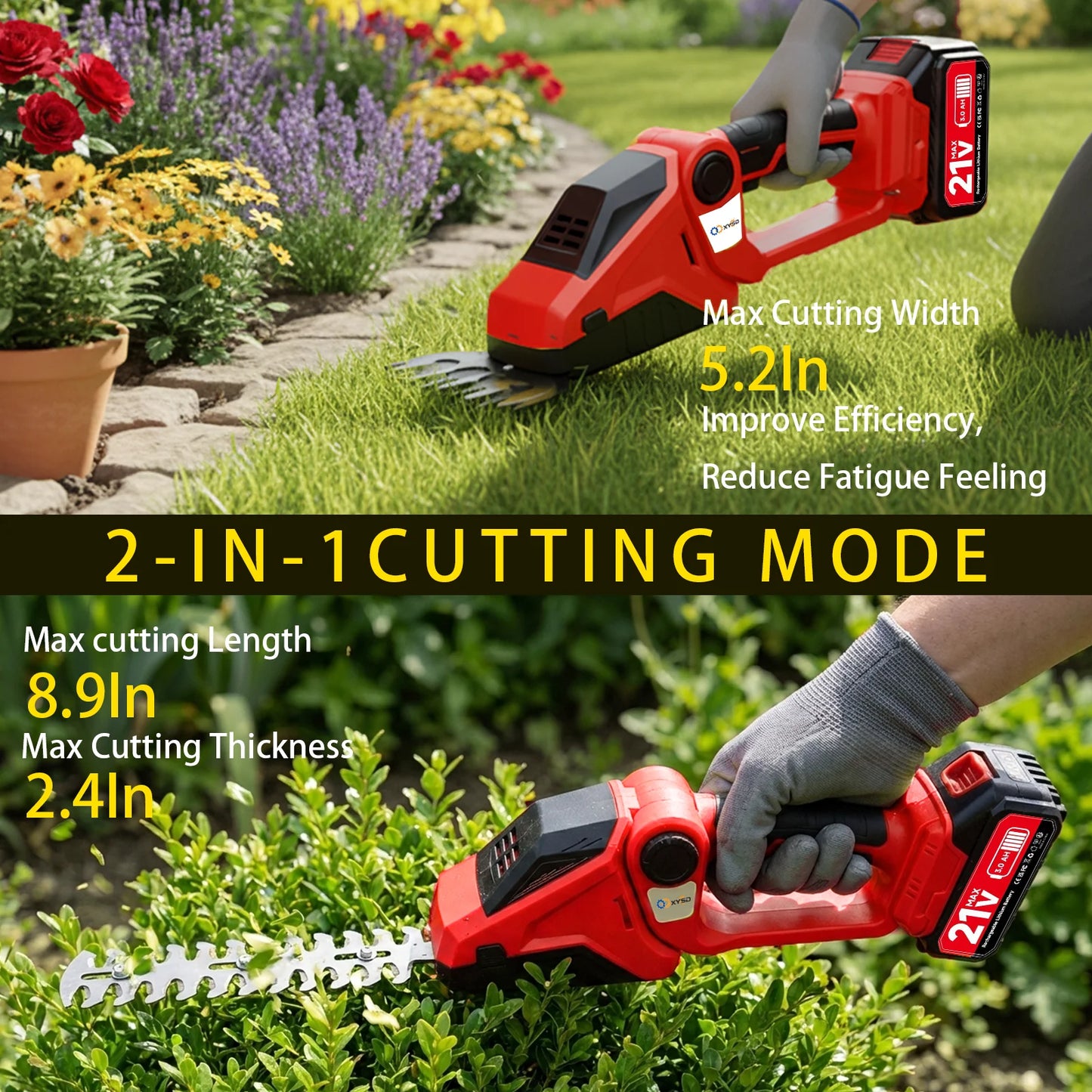 XYSD 2-in-1 Cordless Hedge Trimmer, with Battery