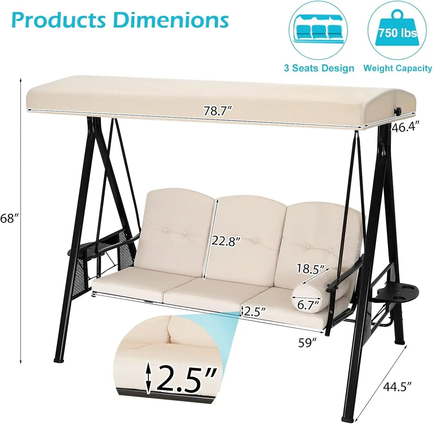 3-Seat Outdoor Porch Swing with Adjustable Canopy Beige