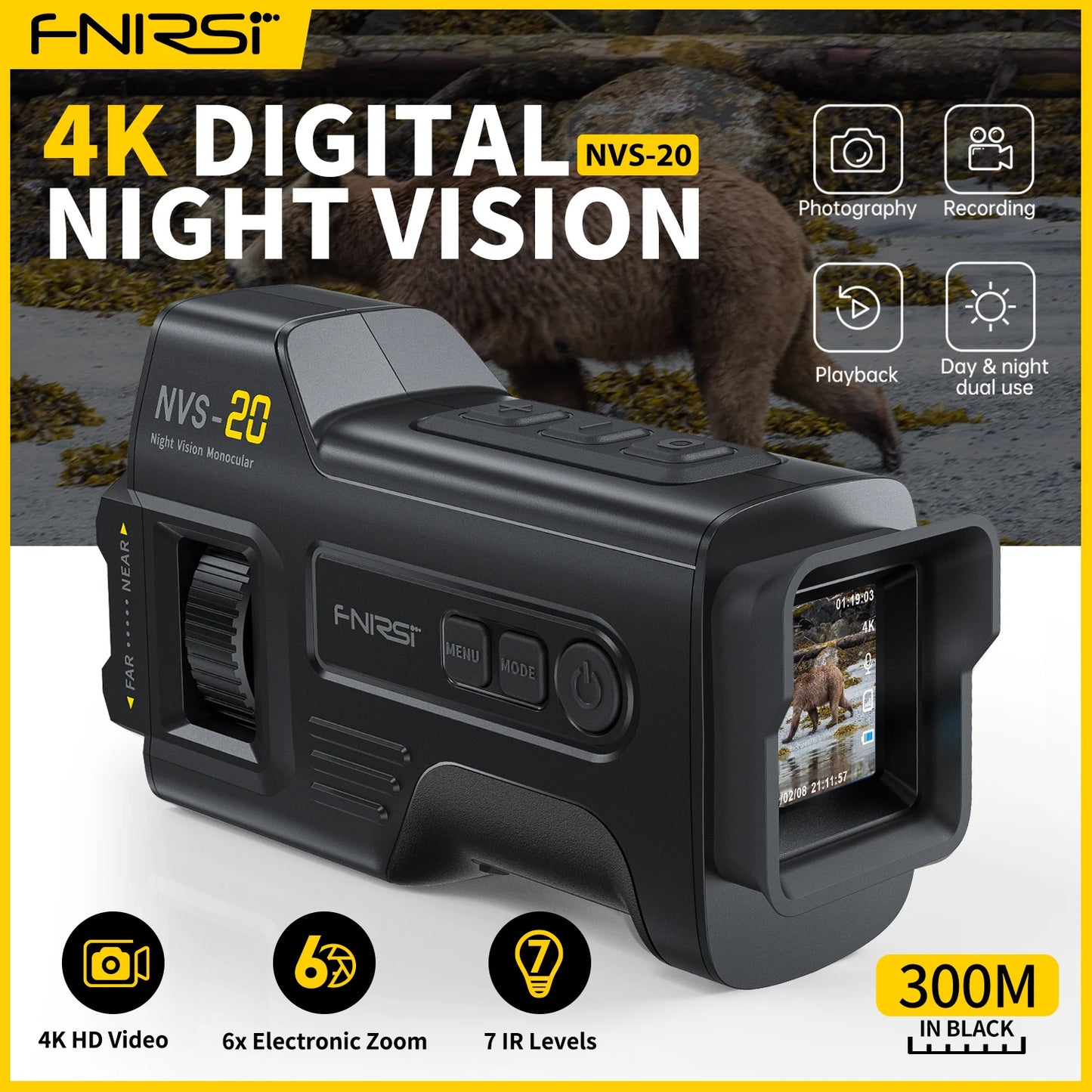 Monocular Night Vision Goggles 6X Digital Zoom 300m Hunting Camping Scope Day and Night Dual UseFNIRSI Telescope NVS-20 4KHD