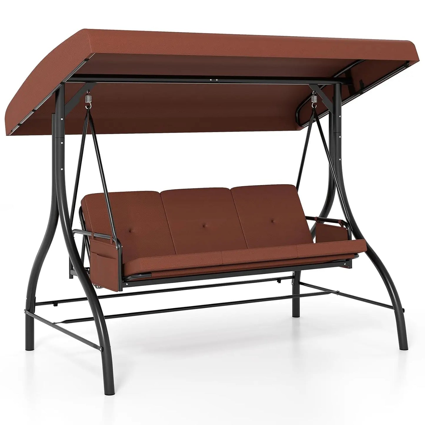 3 Person Porch Swing, 2-in-1 Convertible Outdoor Swing with Adjustable Canopy, Removable Cushions, Metal Frame,