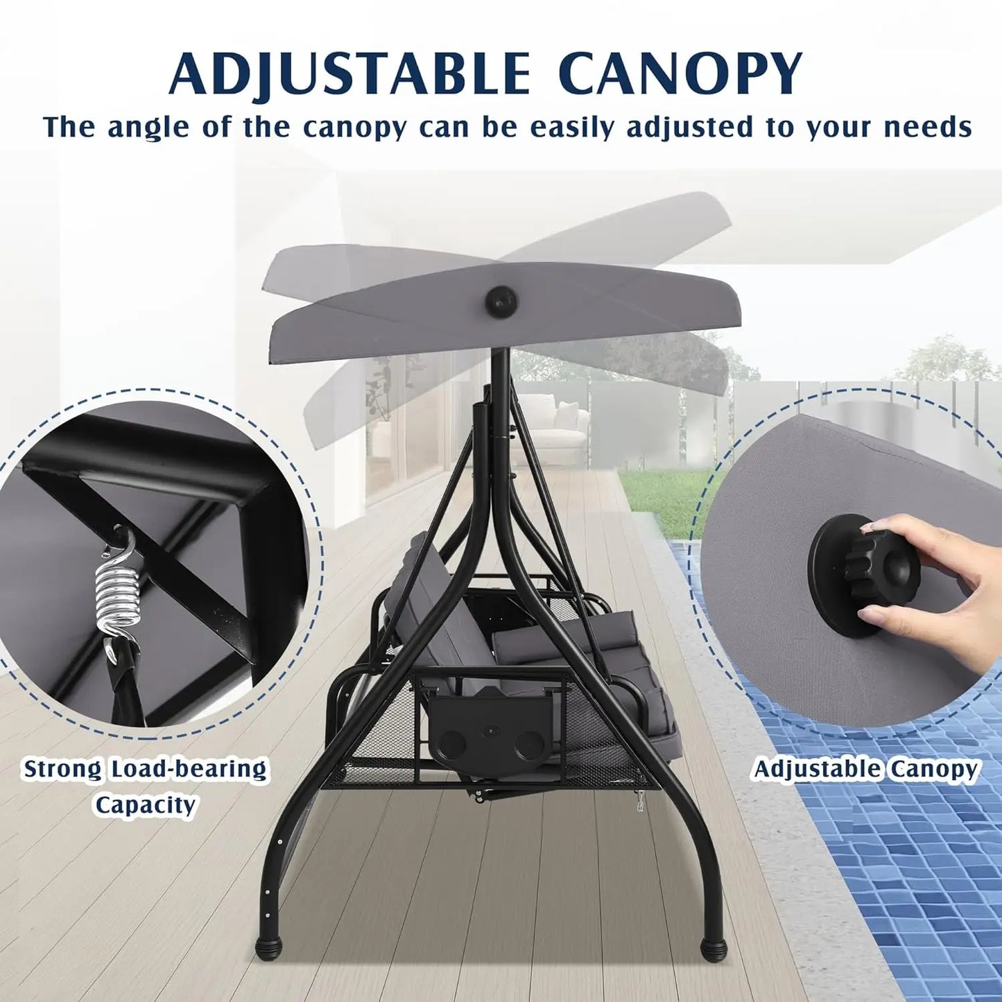 3 Person Outdoor Porch Swing with Canopy and Stand, Convertible 2 in 1 Porch /Bed Swing