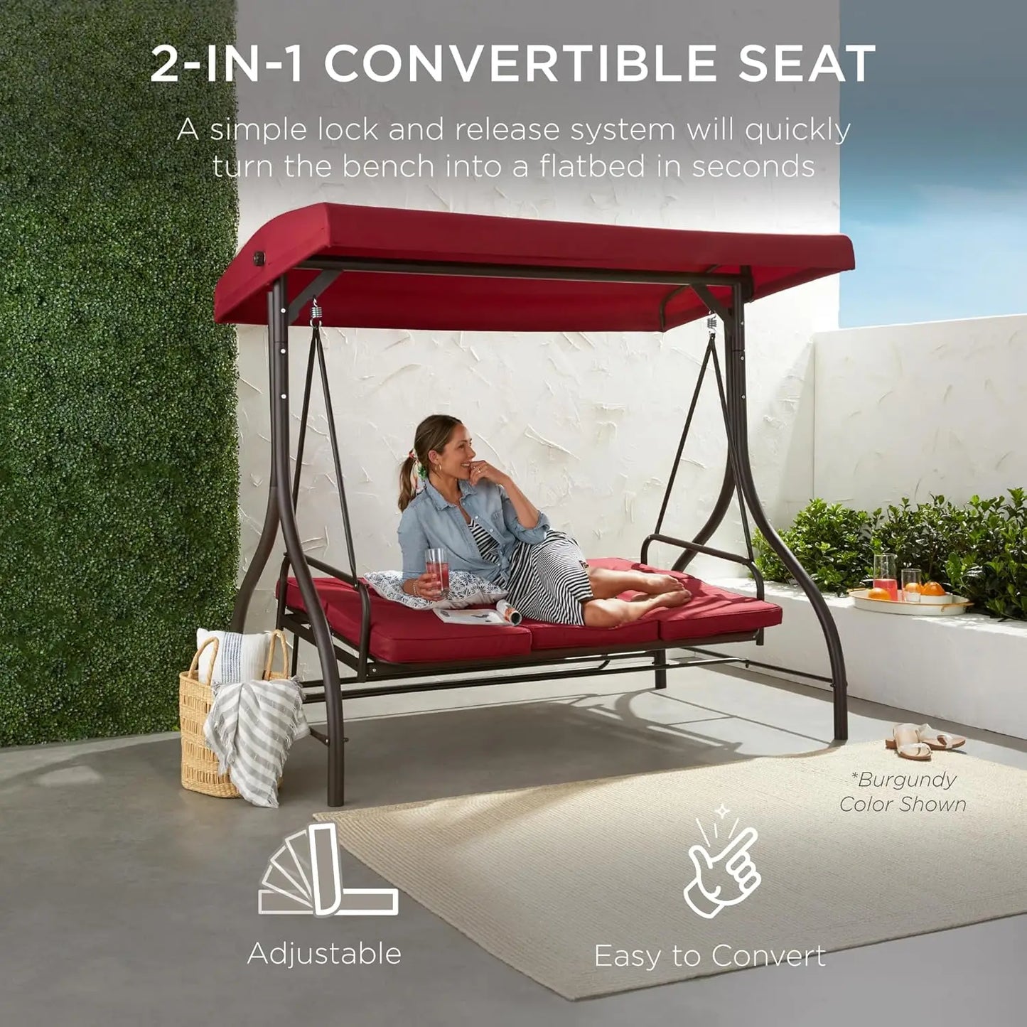 3-Seat Outdoor Large Converting Canopy Swing Glider, Patio Hammock Lounge Chair, Backyard w/Flatbed,,