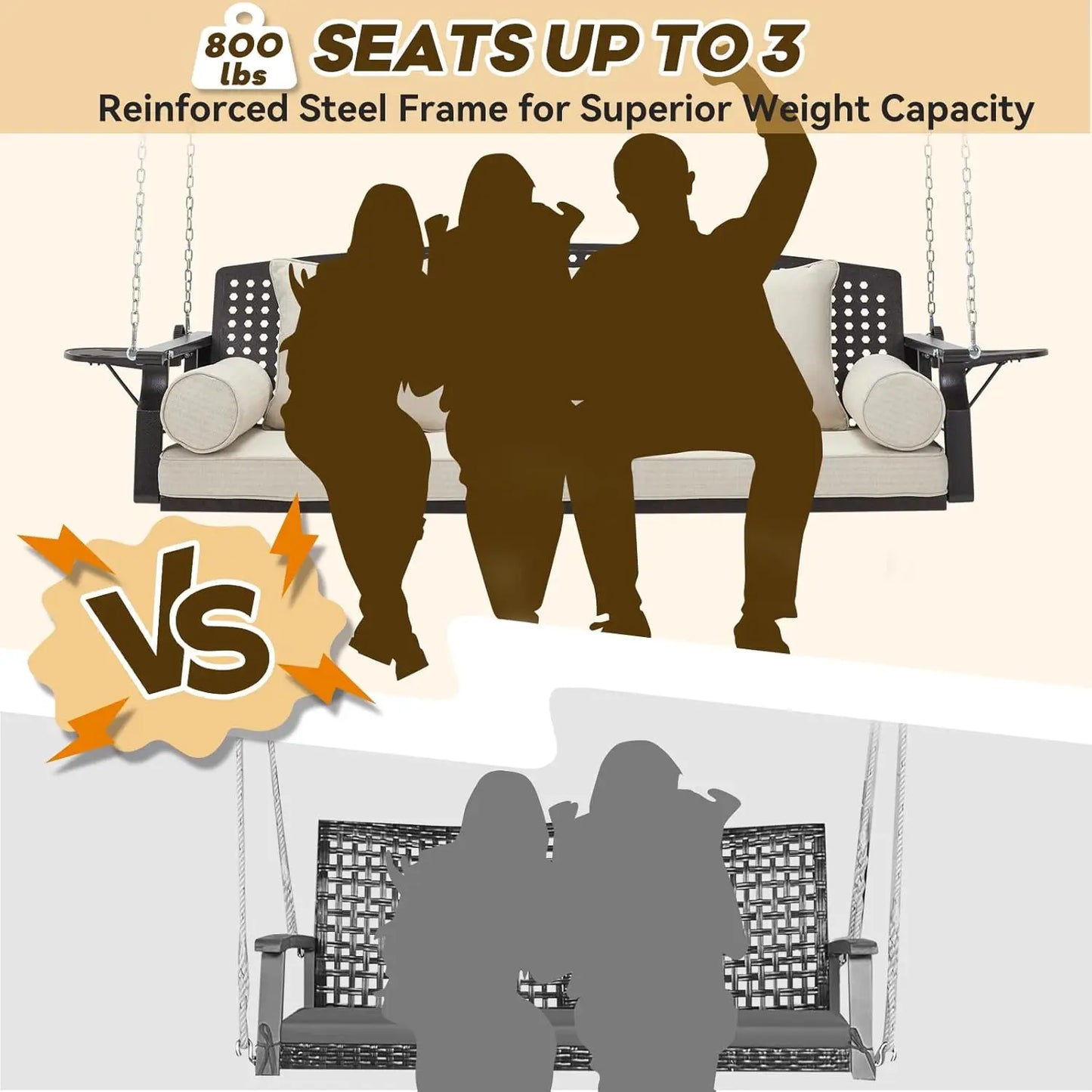 3 Seat Porch Swing, Patio Swing Bench with Cup Holders & 3 Back Cushions, Swing Chair with Chains
