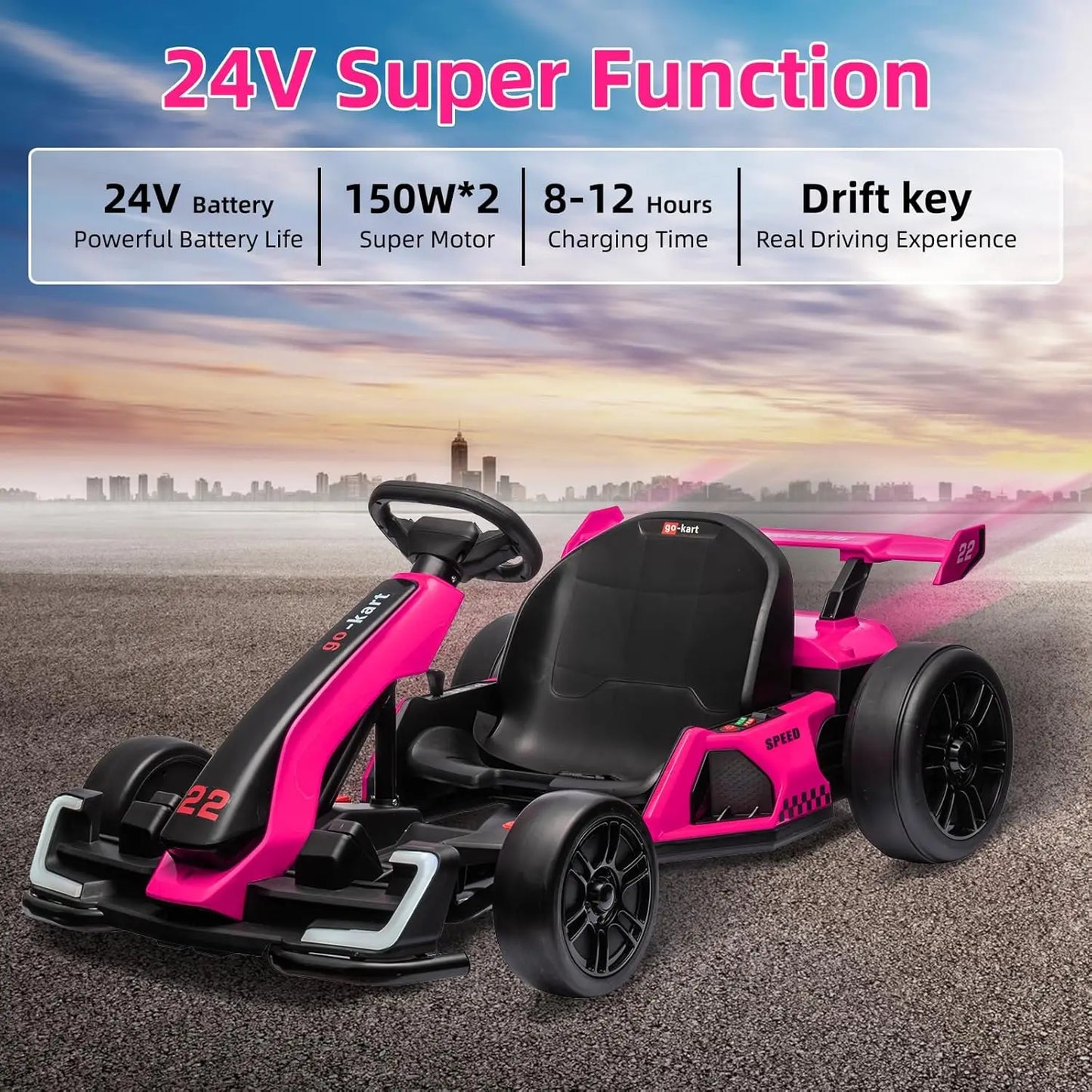 24V Kids Electric Drift Kart, 300W Powerful Motor 8.5MPH,EVA Tires,Drift/Sport Modes,LED Lights, Outdoor Racing Ride-On Toy
