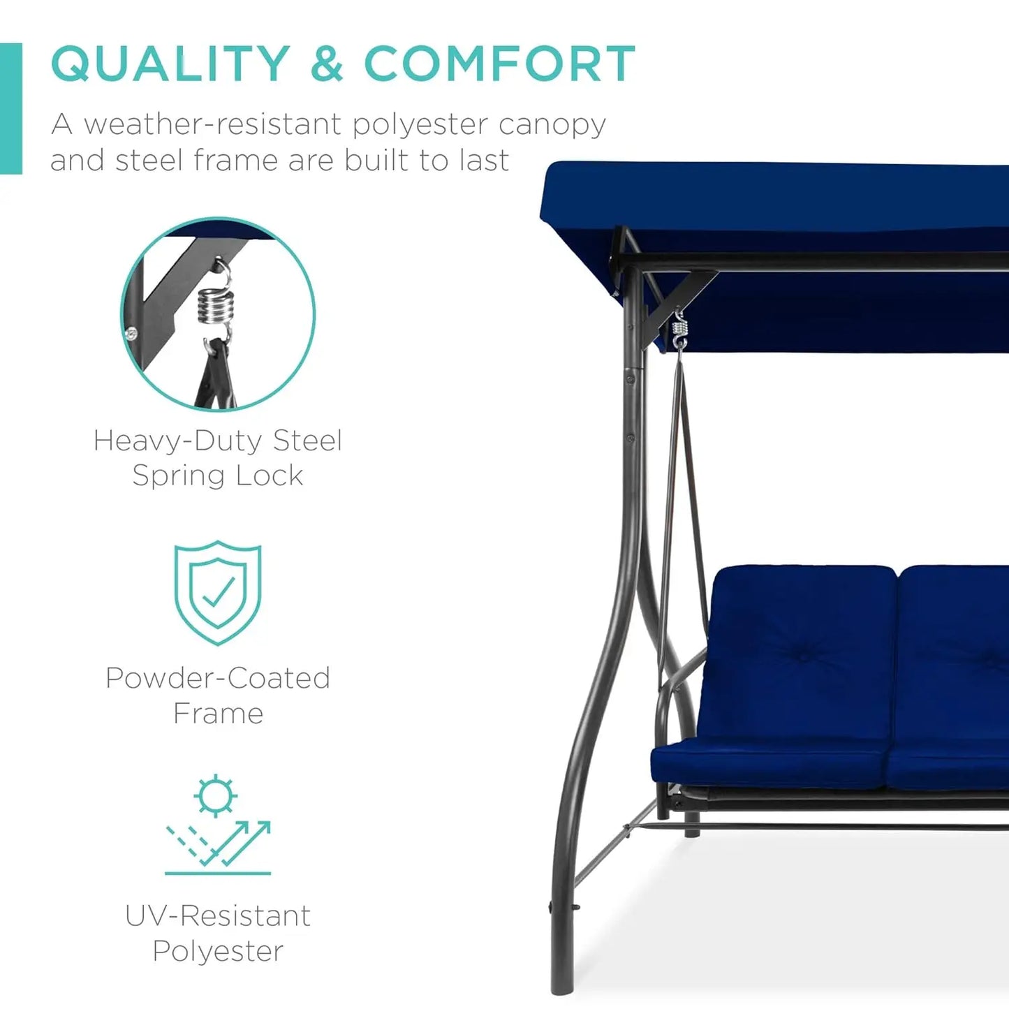 3-Seat Outdoor Large Converting Canopy Swing Glider, Patio Hammock Lounge Chair, Backyard w/Flatbed,,
