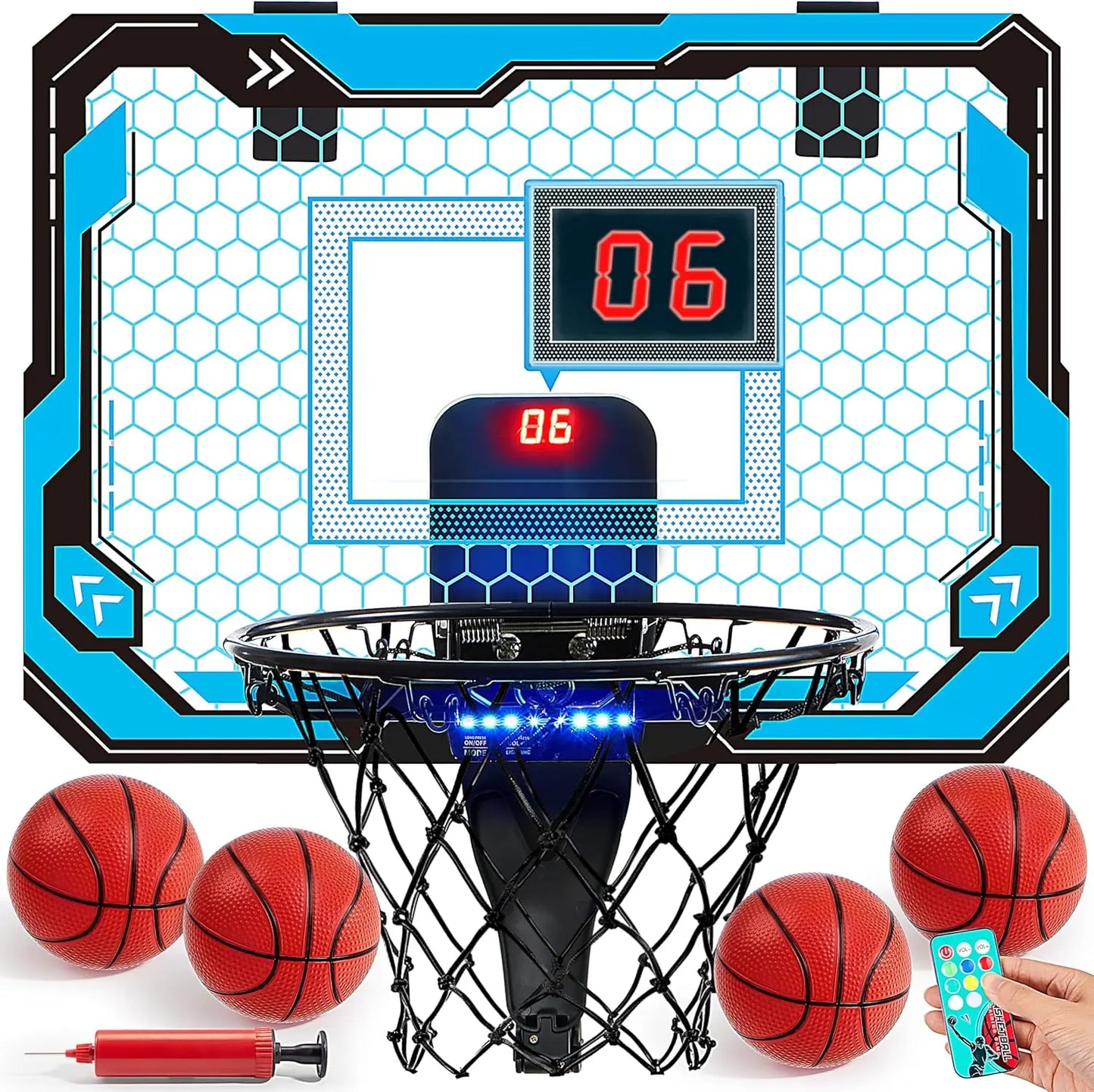 JOYFY Mini Indoor Basketball Hoop Light Up Over The Door Basket Ball Hoop with Scoreboard & 4 Balls