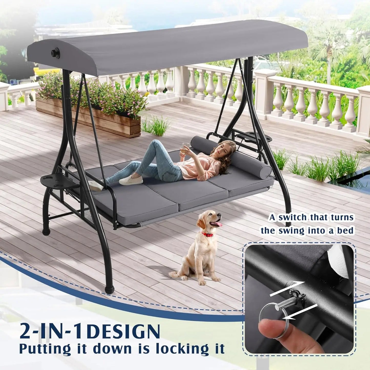 3 Person Outdoor Porch Swing with Canopy and Stand, Convertible 2 in 1 Porch /Bed Swing