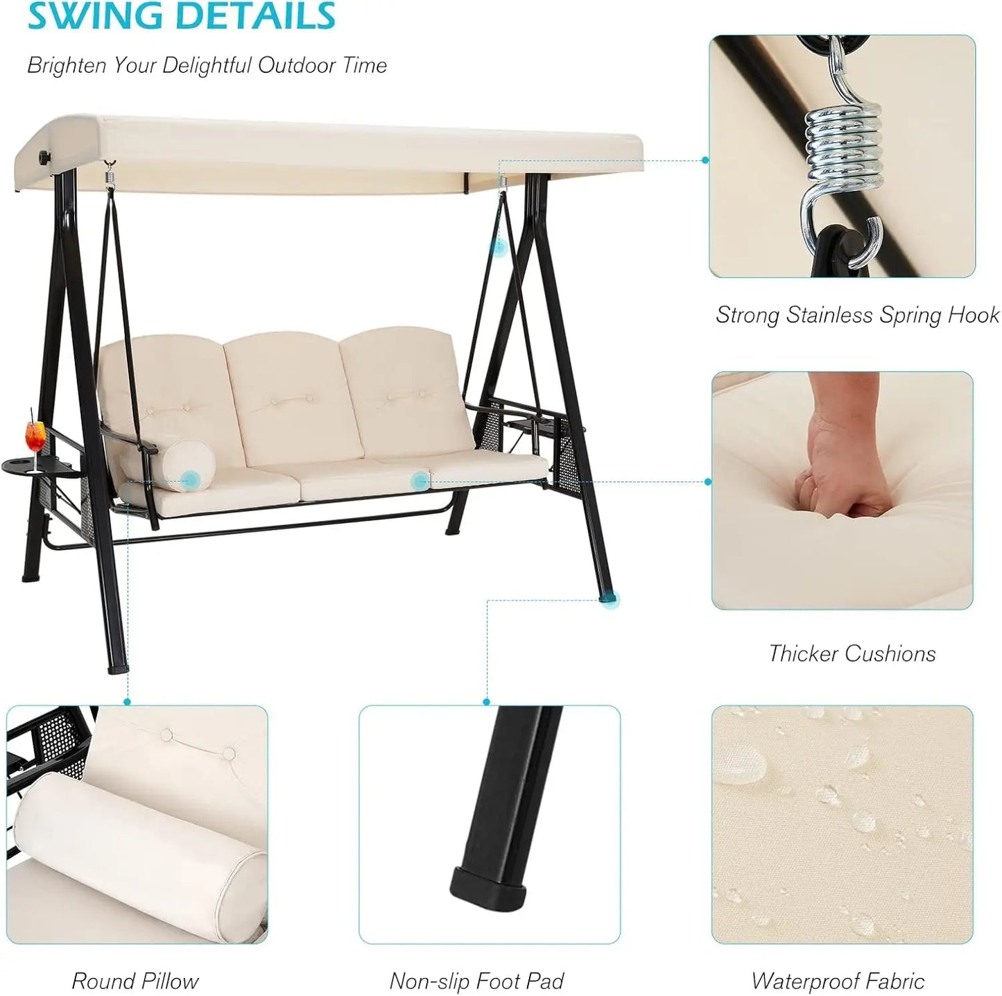 3-Seat Outdoor Porch Swing with Adjustable Canopy Beige