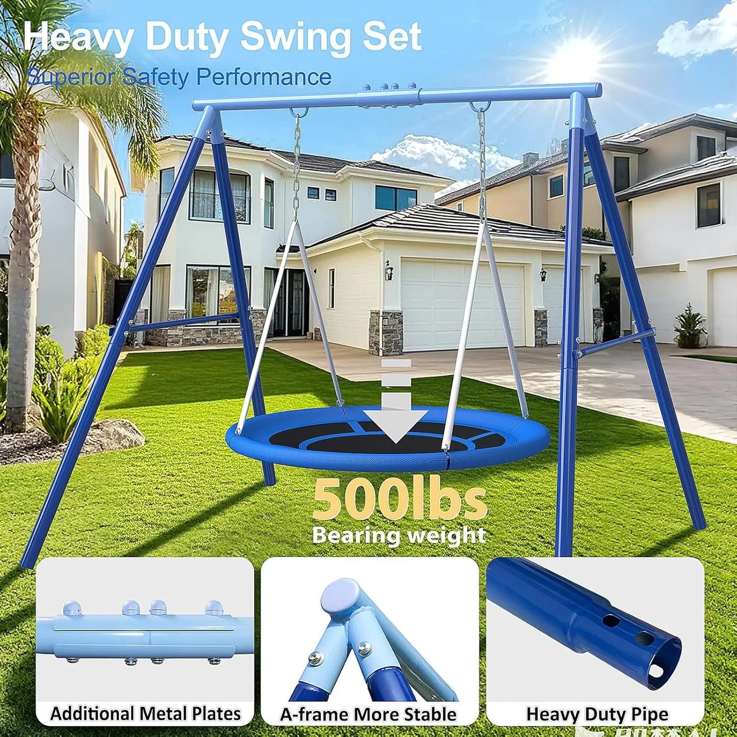 Heavy Duty 500lbs Saucer Swing Set - Outdoor Metal Frame Playground Includes 45'' Tree Swing & Adjustabl