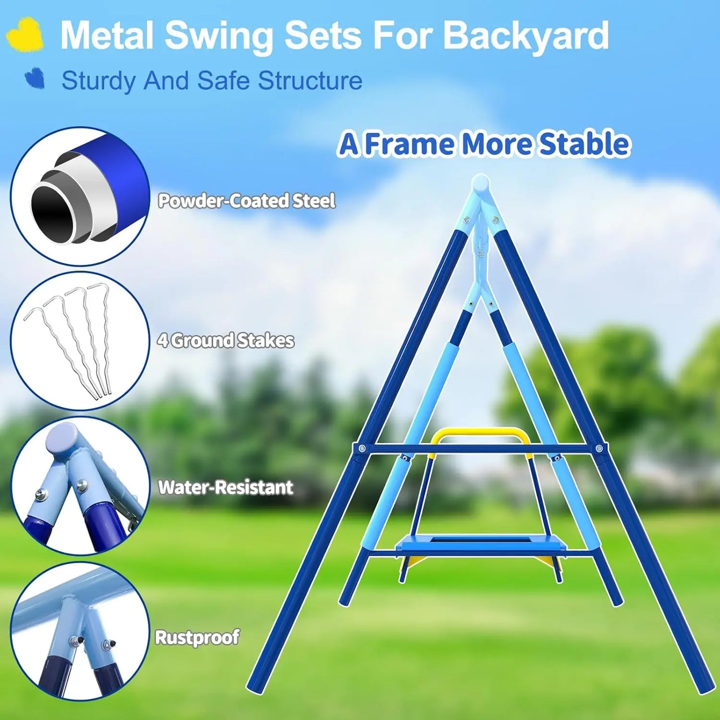 Outdoor Playground Kids Swing Set, 3-in-1 with Saucer Swing, Belt Seat & 4ft Trampoline, Heavy Duty A-Frame Metal Stand &