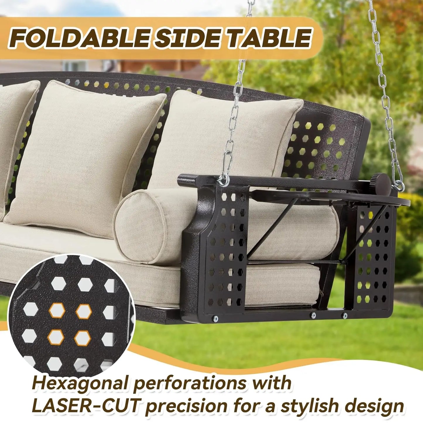 3 Seat Porch Swing, Patio Swing Bench with Cup Holders & 3 Back Cushions, Swing Chair with Chains