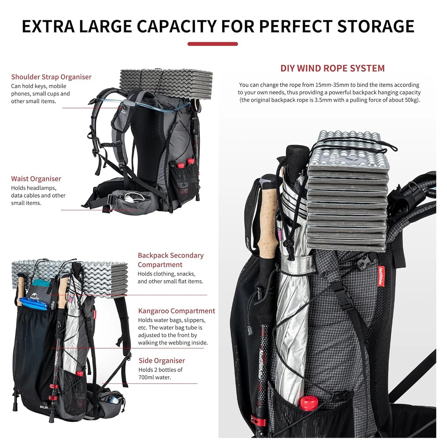Naturehike Outdoor Mountain Backpack 60+5L Waterproof, Sports Climbing Hiking Travel Bag With Rain Cover