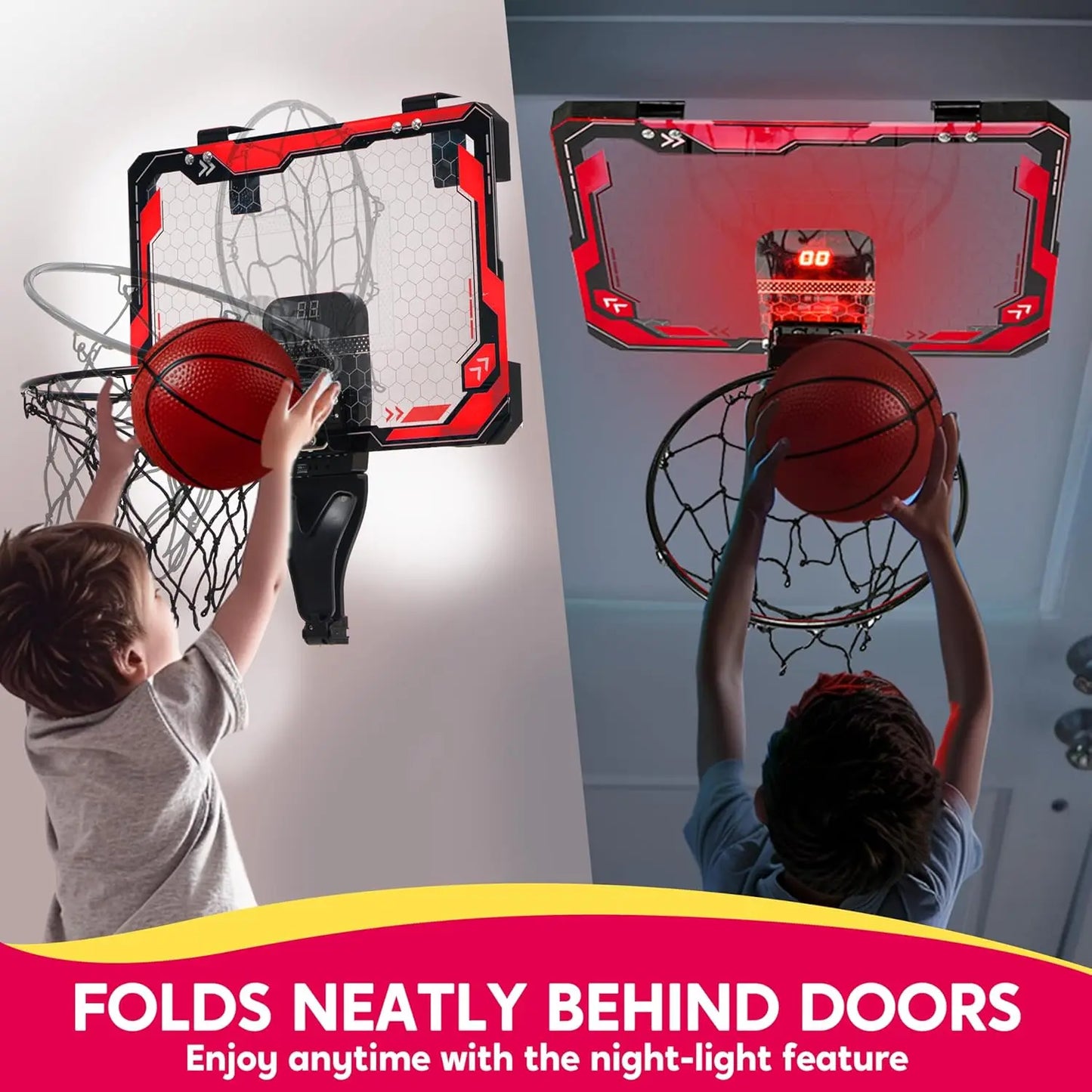 JOYFY Mini Indoor Basketball Hoop Light Up Over The Door Basket Ball Hoop with Scoreboard & 4 Balls