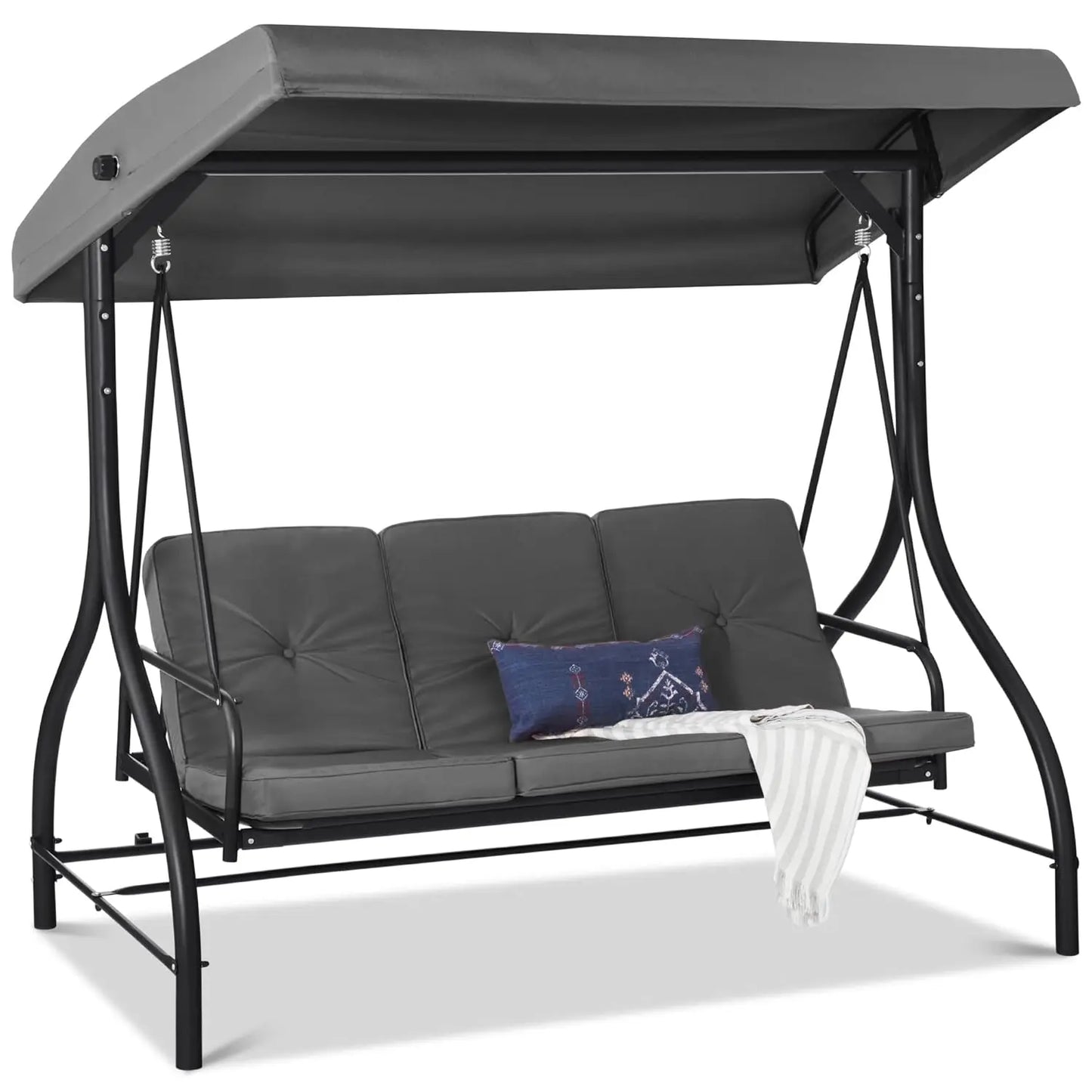 3-Seat Outdoor Large Converting Canopy Swing Glider, Patio Hammock Lounge Chair, Backyard w/Flatbed,,
