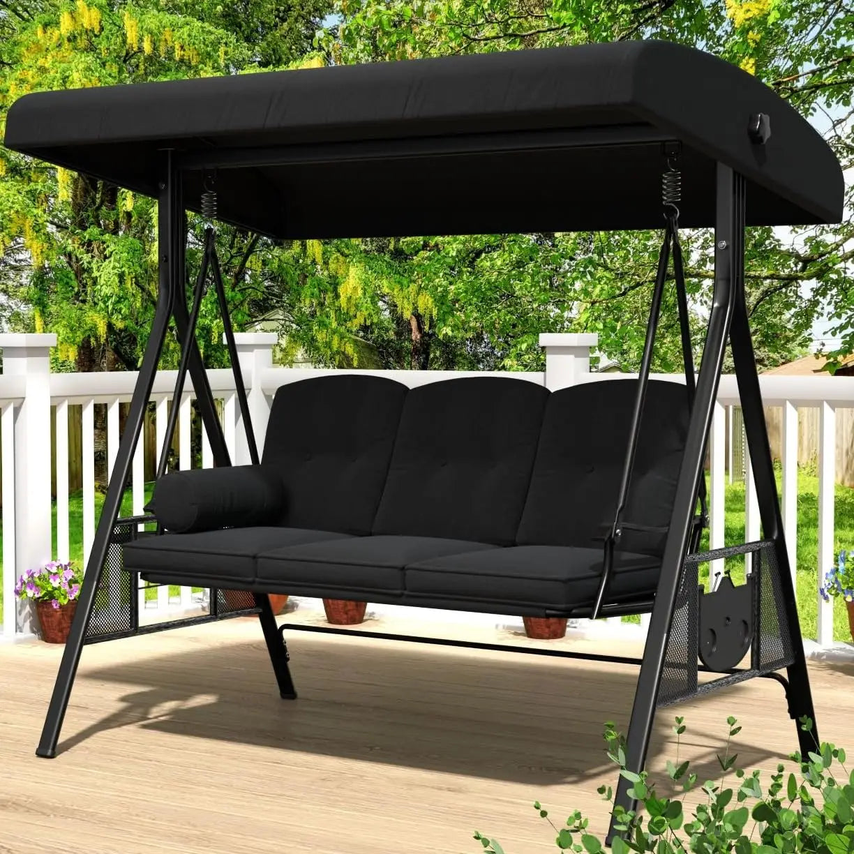 3-Seat Outdoor Porch Swing with Adjustable Canopy Beige