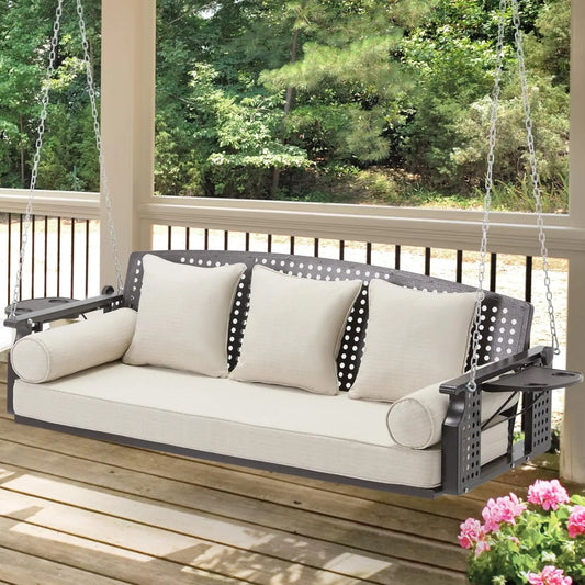 3 Seat Porch Swing, Patio Swing Bench with Cup Holders & 3 Back Cushions, Swing Chair with Chains