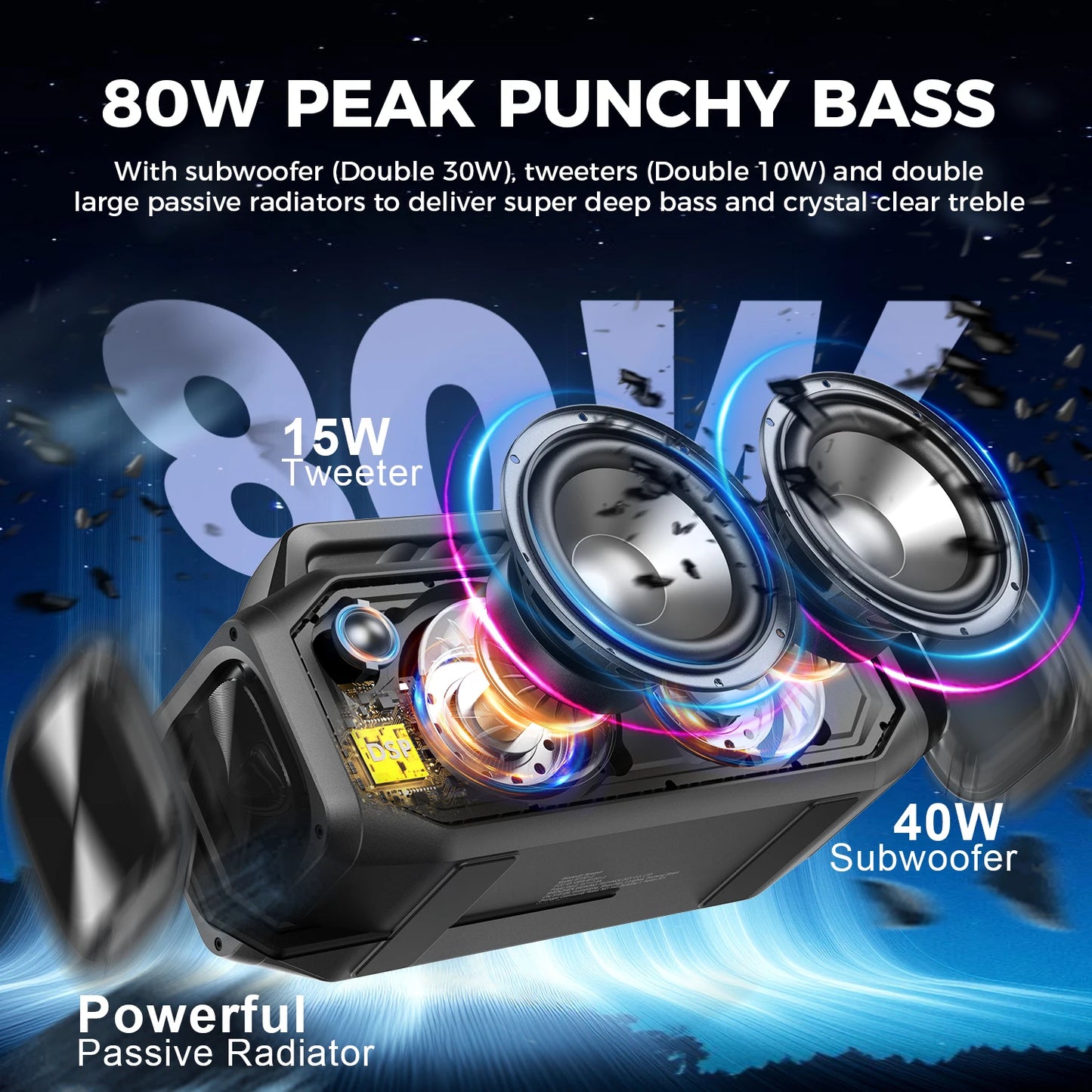 W-KING BT261-2 Bluetooth Wireless, 80W Portable Outdoor Speakers Loud with Bass Boost, Stereo Pairing,