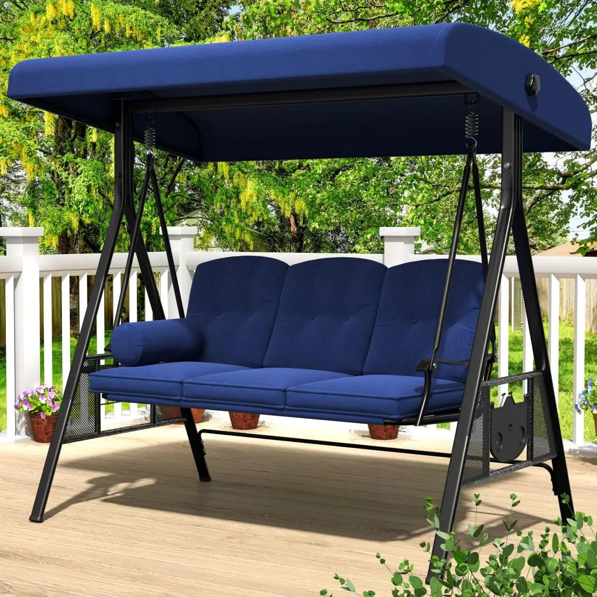 3-Seat Outdoor Porch Swing with Adjustable Canopy Beige