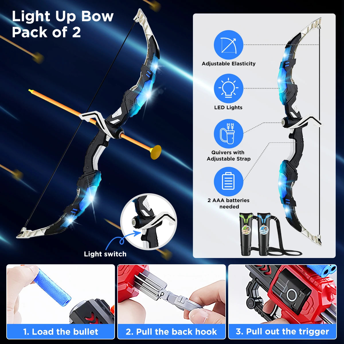 VATOS 2X Bow Arrow + Guns Toy For Kids Night-Light Archery Stand Target Board Indoor Outdoor