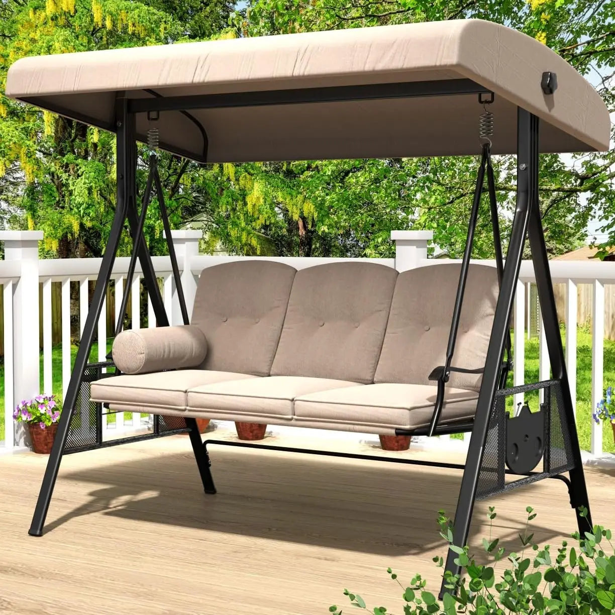 3-Seat Outdoor Porch Swing with Adjustable Canopy Beige