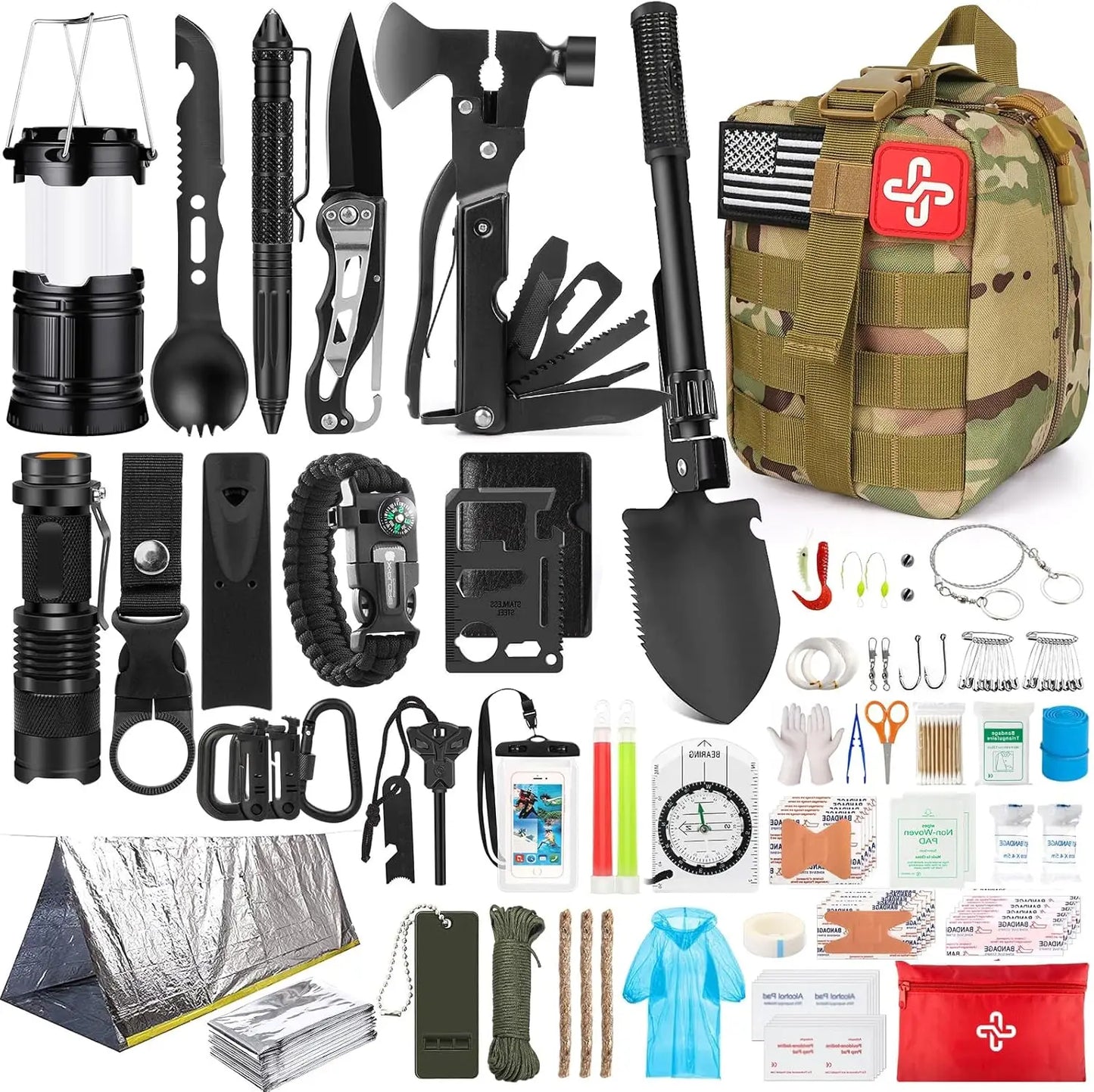 250Pcs Survival Gear First Aid Kit with Molle Bag & Emergency Tent for Outdoor Adventure, Hiking, Hunting