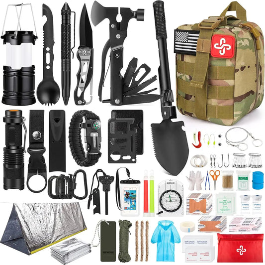 250Pcs Survival Gear First Aid Kit with Molle Bag & Emergency Tent for Outdoor Adventure, Hiking, Hunting