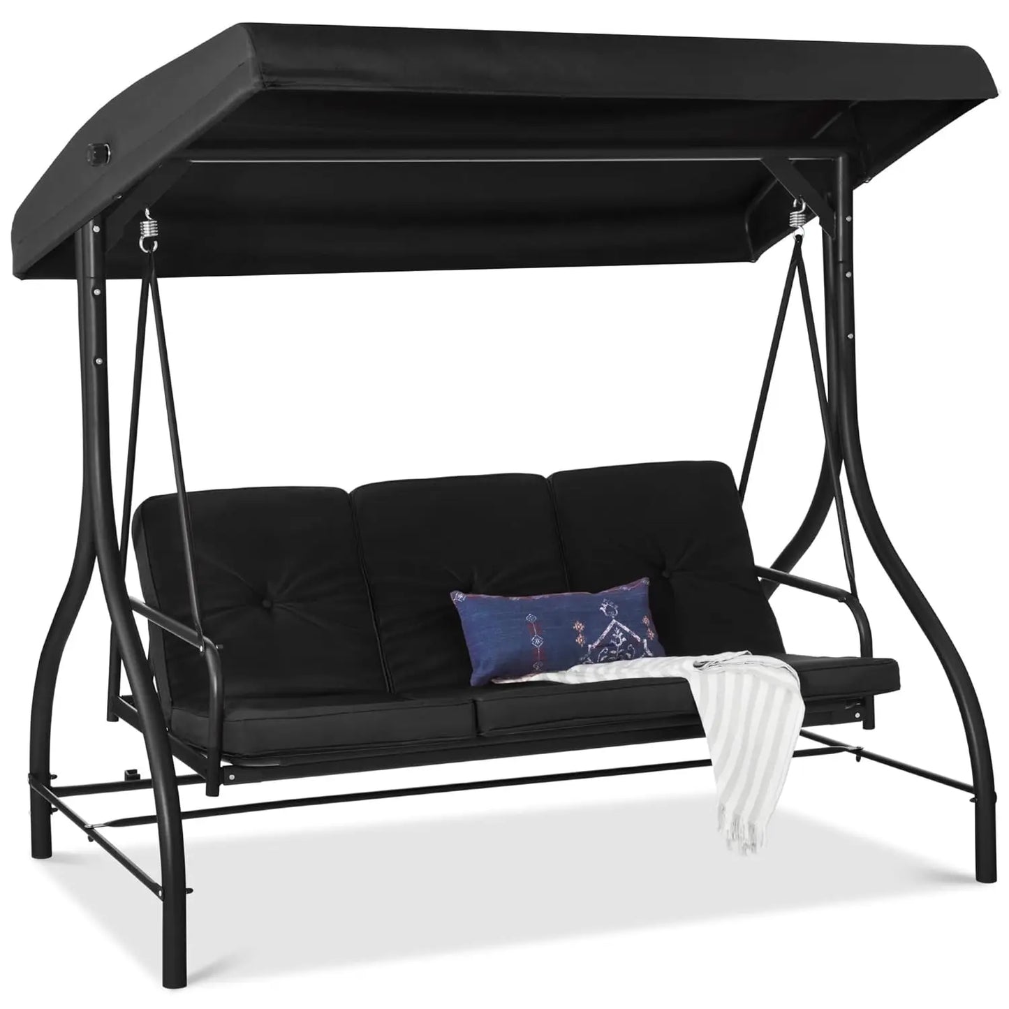 3-Seat Outdoor Large Converting Canopy Swing Glider, Patio Hammock Lounge Chair, Backyard w/Flatbed,,