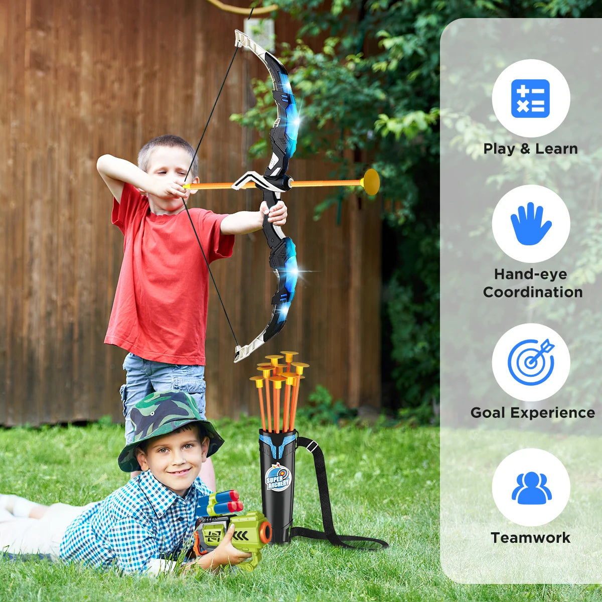 VATOS 2X Bow Arrow + Guns Toy For Kids Night-Light Archery Stand Target Board Indoor Outdoor